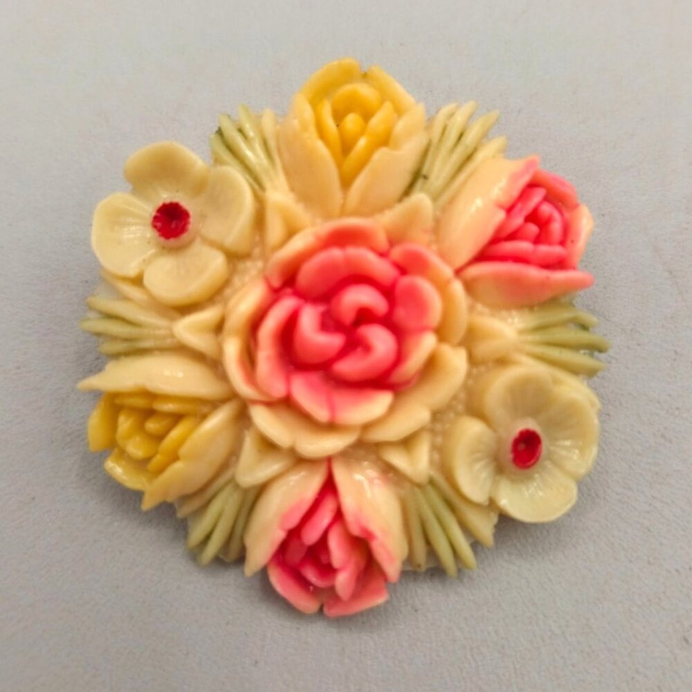 Vintage Celluloid Brooch Floral Domed Brooch Pin Cream Pink Green Occupied Japan